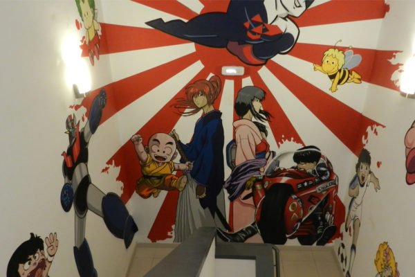 Graffiti-manga-en-oficina-de-Madrid Mural con personajes de manga en Madrid