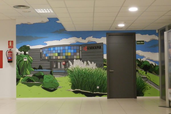Graffiti-mural-ilustracion-Kyocera-Madrid Mural en oficina de Madrid