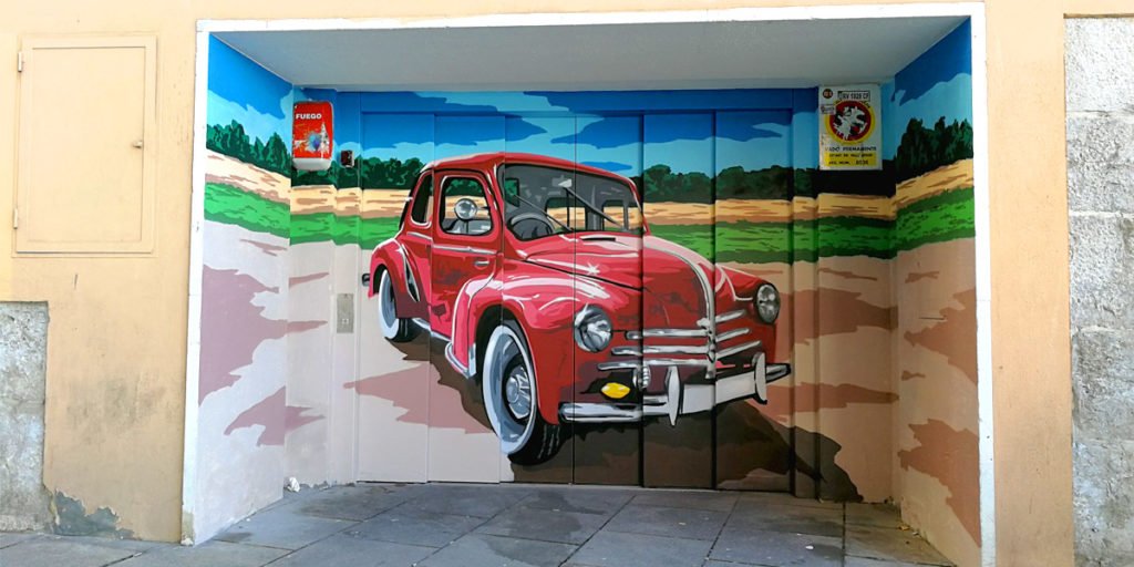 graffiti-de-coche-clasico-en-puerta-de-garaje-valladolid Graffiti de coche clásico en garaje de Valladolid
