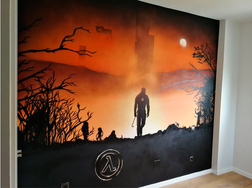 graffiti-videojuego-half-life-en-habitacion Graffiti de videojuego Half Life en habitación