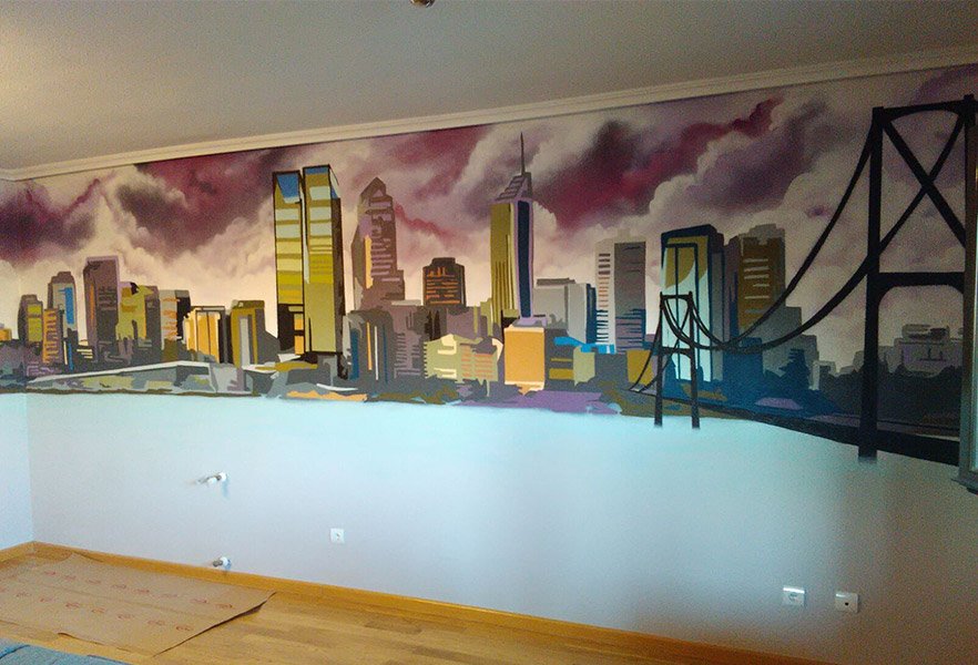 mural-con-skyline Mural en salón con skyline