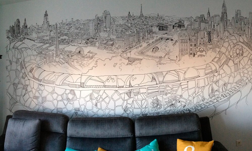 Mural de ilustración en salón de casa