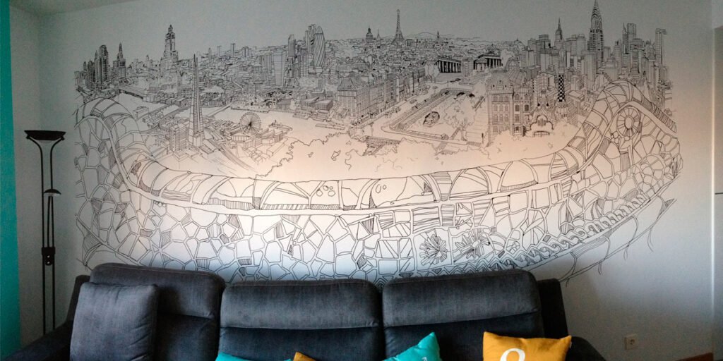 mural-de-ilustracion-en-salon-de-casa Mural de ilustración en salón de casa