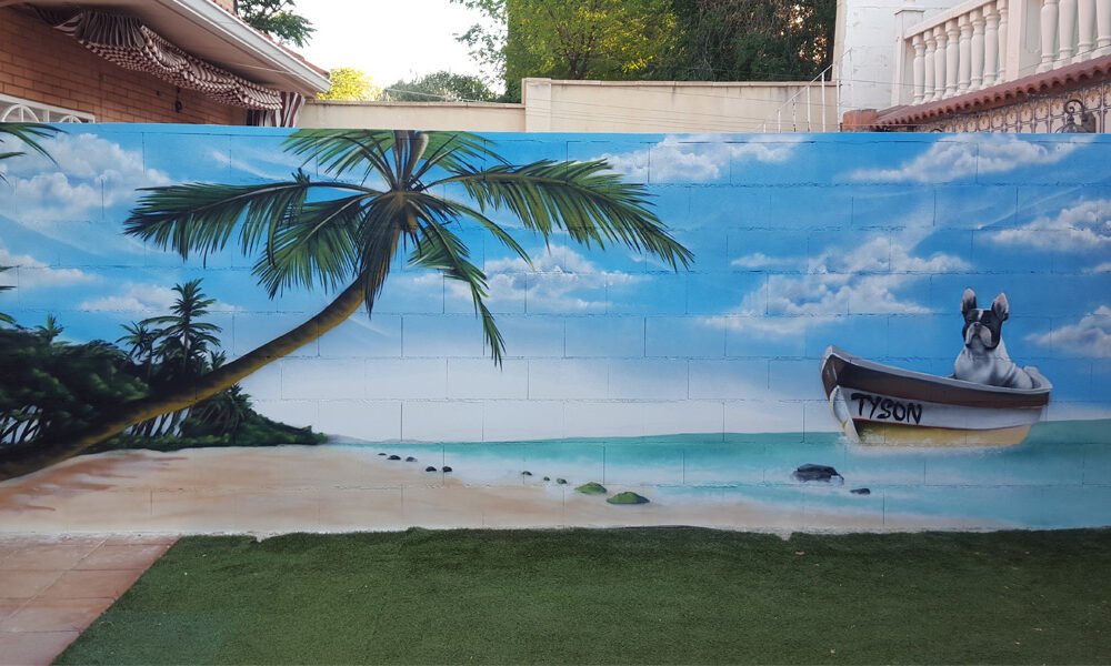 mural-de-playa-con-perro-y-barca-en-patio-de-madrid Mural de playa con perro y barca en patio de Arganda del Rey