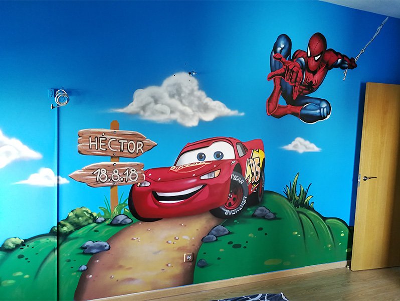mural-infantil-de-spiderman-y-cars Mural infantil de Spiderman y Cars