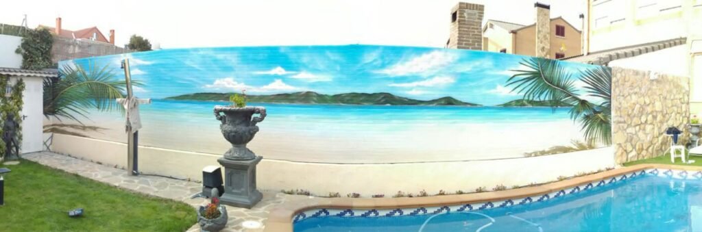 graffiti-mural-de-paisaje-de-playa-en-patio-con-piscina Graffiti mural de paisaje de playa en patio con piscina